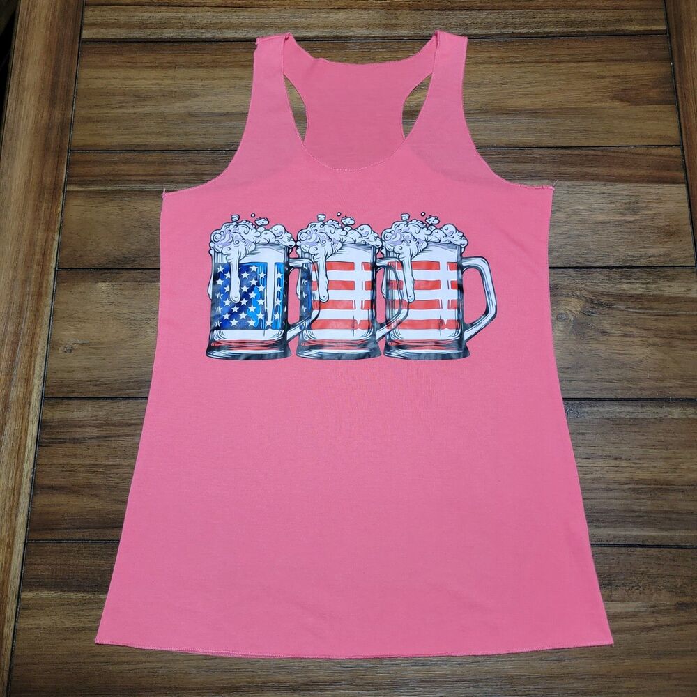 Ladies' Pink Tank Top 3 Beers American Flag - Size Small